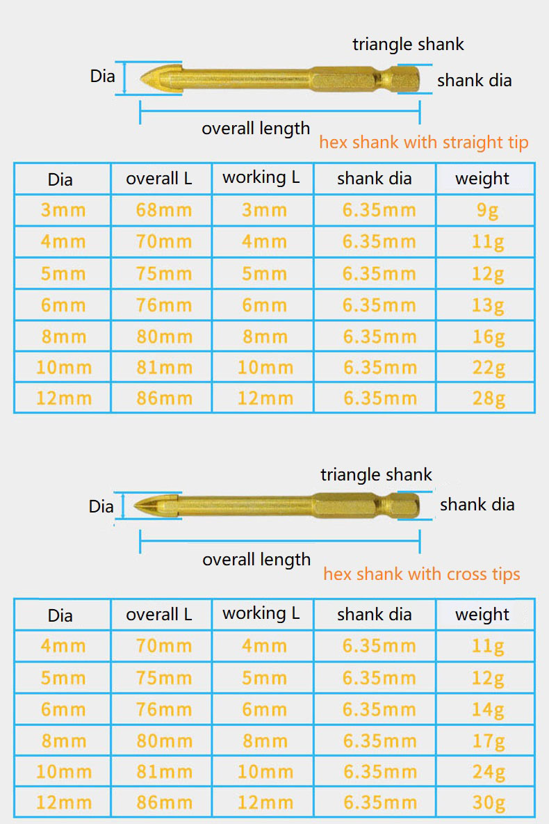 hex shank multi use drill bit with cross tip sizes