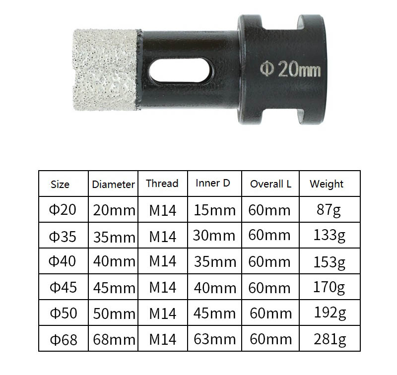 vacuum brazed diamond holesaw with M14 shank size